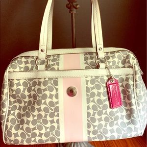 Gray and White Coach Logo Handbag